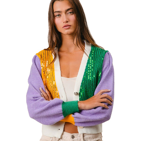 Yellow Mardi Gras Color Block Sequin Cardigan (Each)