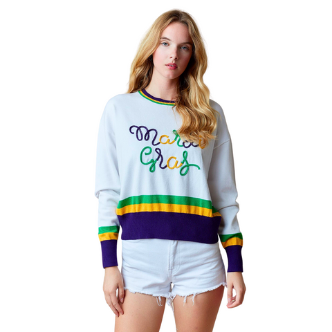 White Mardi Gras Embroidered Color Block Sweater (Each)