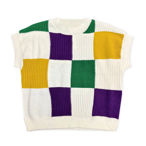 Ivory Mardi Gras Checkered Pattern Sleeveless Sweater (Each)