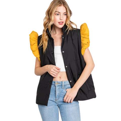 Black and Gold Game Day Ruffle Sleeve Puffer Vest (Each)