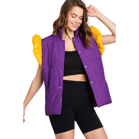 Purple and Yellow Game Day Ruffle Sleeve Puffer Vest (Each)