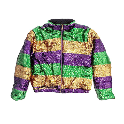 Purple, Green, and Gold Sequin Puffer Jacket (Each)