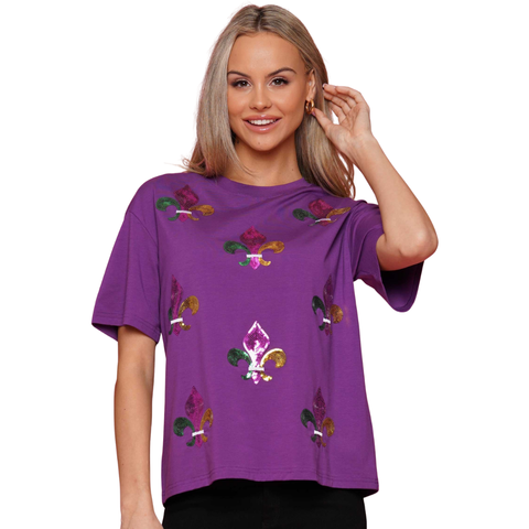 Mardi Gras Sequin Fleur De Lis Symbol Short Sleeve Shirt (Each)