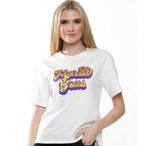 White Mardi Gras Sequin Letter Short Sleeve Shirt (Each)