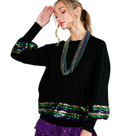 Black Mardi Gras Sequin Trim Sweater (Each)