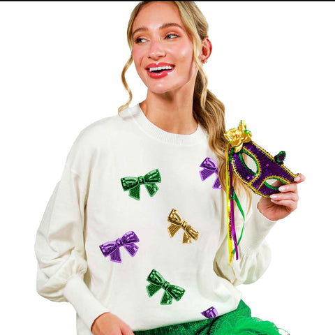 Off White Mardi Gras Sequin Bow Sweater (Each)