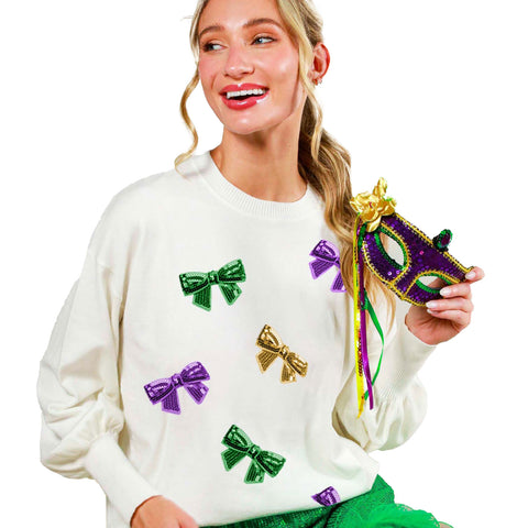 Off White Mardi Gras Sequin Bow Sweater (Each)