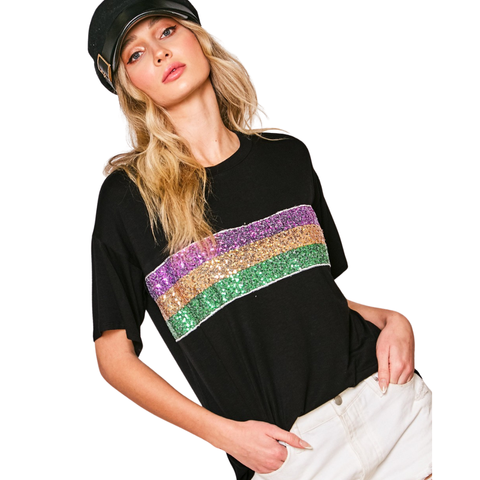 Black Mardi Gras Sequin Stripe Short Sleeve Top (Each)