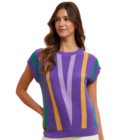 Purple Mardi Gras Chevron Striped Short Sleeve Sweater (Each)