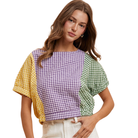 Mardi Gras Color Block Checkered Cropped Short Sleeve Top (Each)
