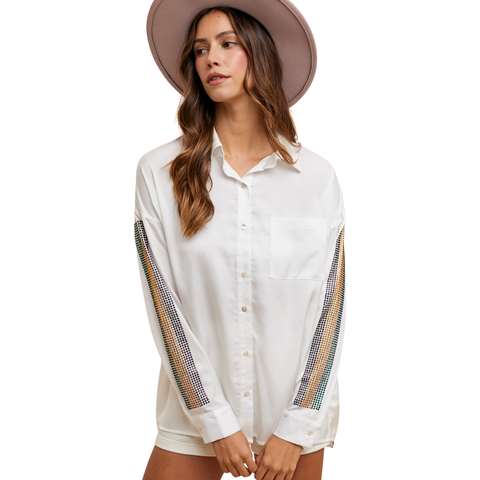 White Mardi Gras Rhinestone Stripe Long Sleeve Satin Shirt (Each)
