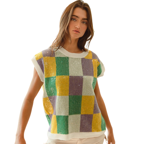 Ivory Mardi Gras Sequin Checkered Short Sleeve Sweater (Each)