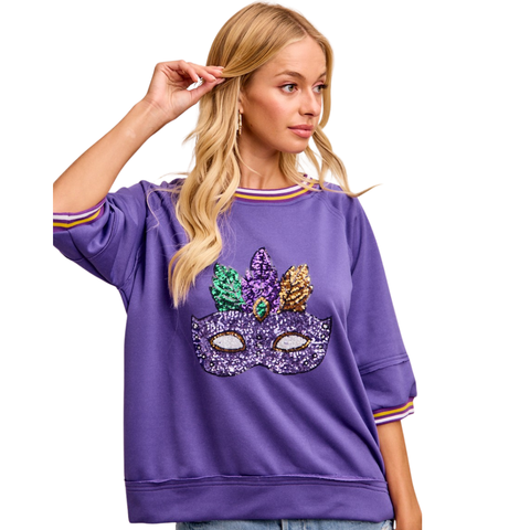Purple Mardi Gras Sequin Mask Sweater Short Sleeve Top (Each)