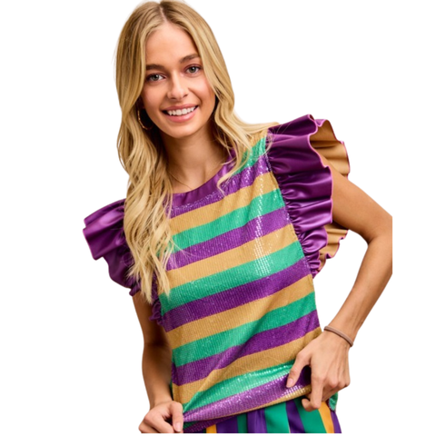 Mardi Gras Stripe Sequin Ruffle Sleeve Short Sleeve Top (Each)