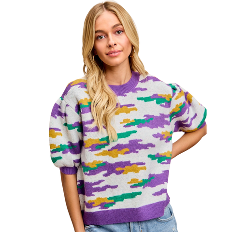 Mardi Gras Camouflage Puff Sleeve Top (Each)