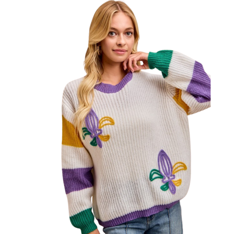 Mardi Gras Embroidered Fleur De Lis Long Sleeve Sweater (Each)