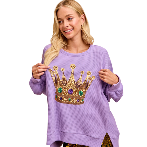 Lavender Mardi Gras Sequin Crown Waffle Knit Long Sleeve Sweater (Each)