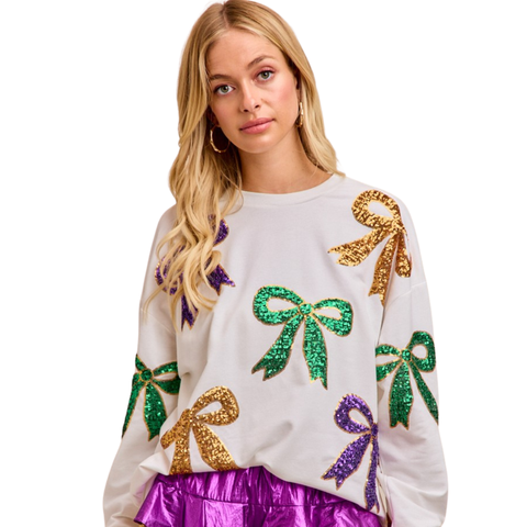 Ivory Mardi Gras Sequin Bow Long Sleeve Sweater (Each)