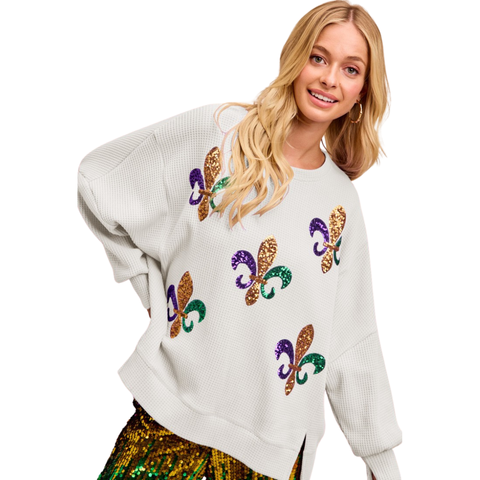 Off White Sequin Fleur De Lis Waffle Long Sleeve Sweater (Each)