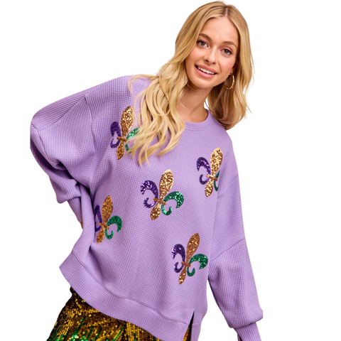 Lavender Sequin Fleur De Lis Waffle Long Sleeve Sweater (Each)