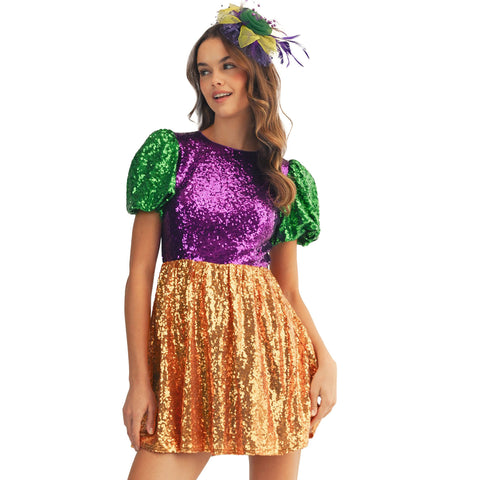 Mardi Gras Sequin Puff Sleeve Color Block Dress (Each)