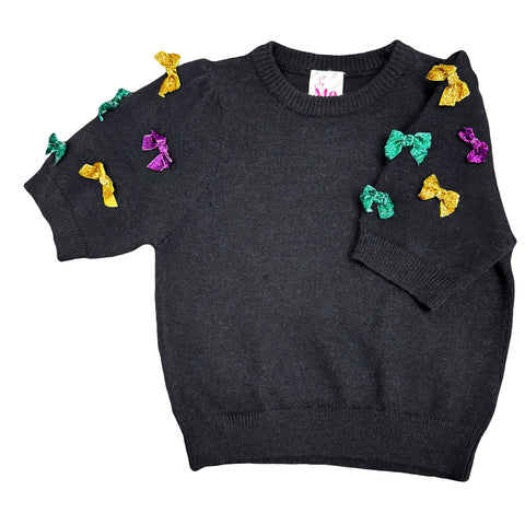 Black Mardi Gras Glitter Bow Puffle Sleeve Top (Each)