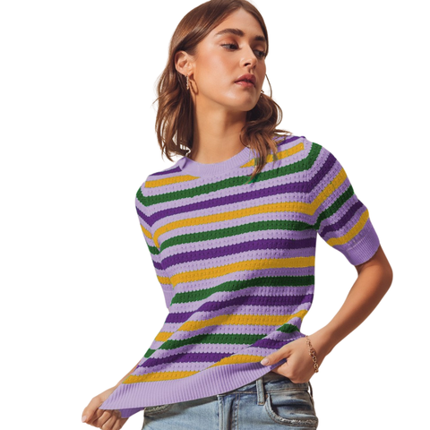 Lavender Mardi Gras Stripe Short Sleeve Sweater (Each)