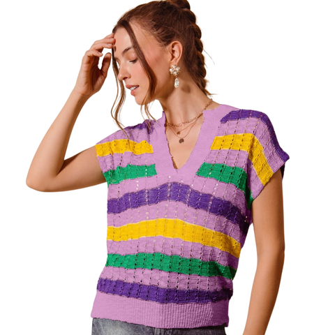 Lavender Mardi Gras Striped Dolman Short Sleeve Sweater (Each)