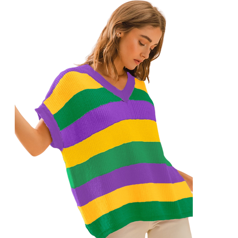 Mardi Gras Striped V-Neck Short Sleeve Sweater (Each)