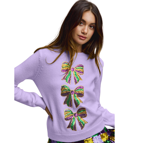 Lavender Mardi Gras Sequin Bow Long Sleeve Sweater (Each)