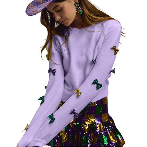 Lavender Mardi Gras Glitter Bows on Sleeve Long Sleeve Sweater (Each)