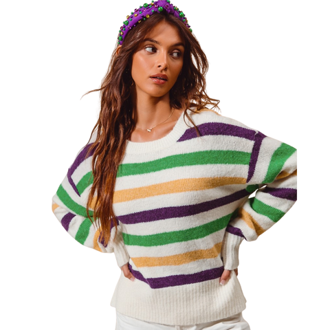 Ivory Mardi Gras Striped Round Neck Long Sleeve Sweater (Each)