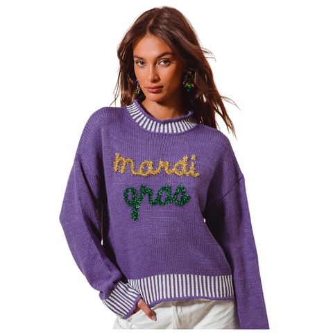 Purple Mardi Gras Tinsel Letter Long Sleeve Sweater (Each)