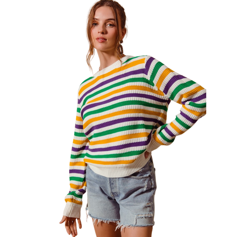 Ivory Mardi Gras Stripe Long Sleeve Sweater (Each)