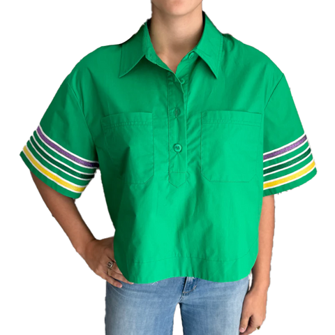 Green Mardi Gras Striped Poplin Short Sleeve Top (Each)