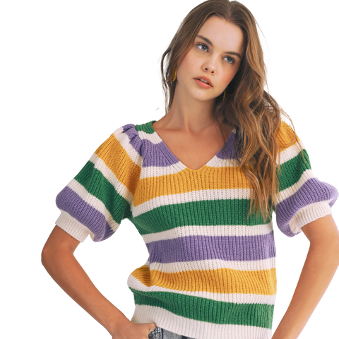Mardi Gras Striped Puffy Sleeve V-Neck Sweater (Each)
