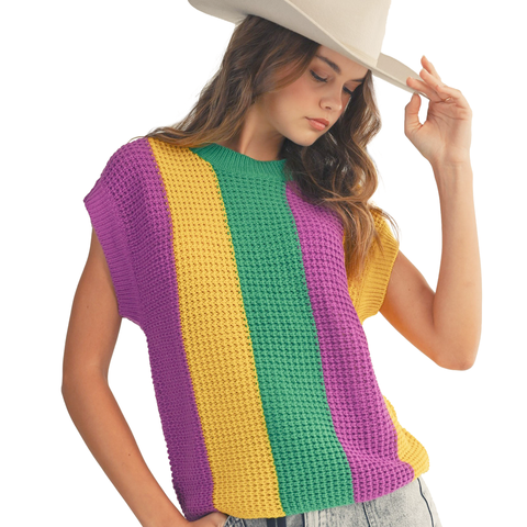 Mardi Gras Vertical Stripe Loose Short Sleeve Sweater (Each)