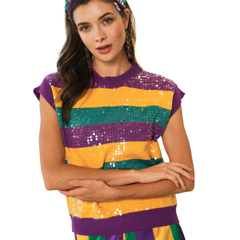 Mardi Gras Horizontal Stripe Sequin Short Sleeve Sweater (Each)