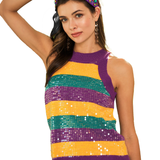 Mardi Gras Horizontal Stripe Sequin Halter Neck Short Sleeve Sweater (Each)