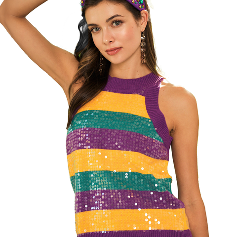 Mardi Gras Horizontal Stripe Sequin Halter Neck Short Sleeve Sweater (Each)