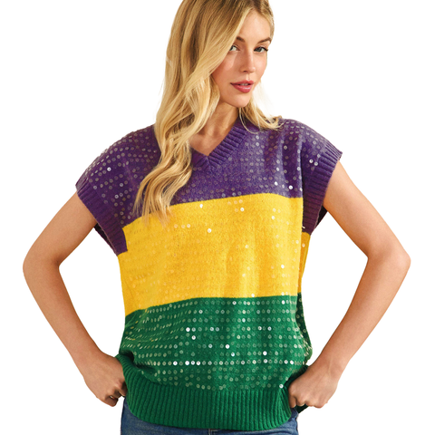 Mardi Gras Color Block Stripe Sequin Short Sleeve Sweater (Each)