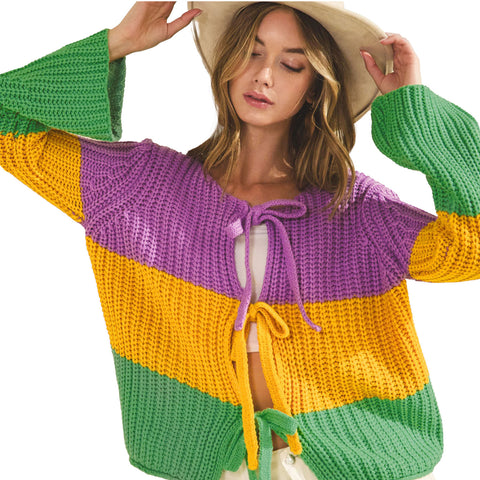 Mardi Gras Horizontal Color Block Ribbed Tied Cardigan (Each)