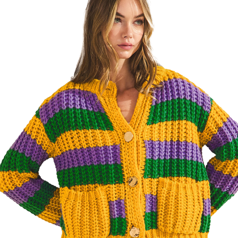 Mardi Gras Classic Stripe Knit Long Sleeve Cardigan (Each)
