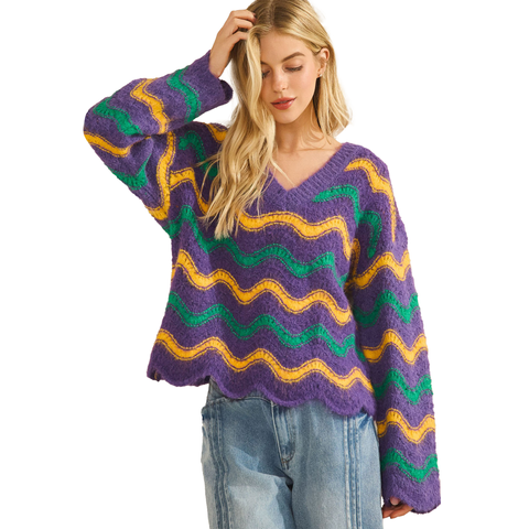 Purple Mardi Gras Wavy V-Neck Sweater (Each)