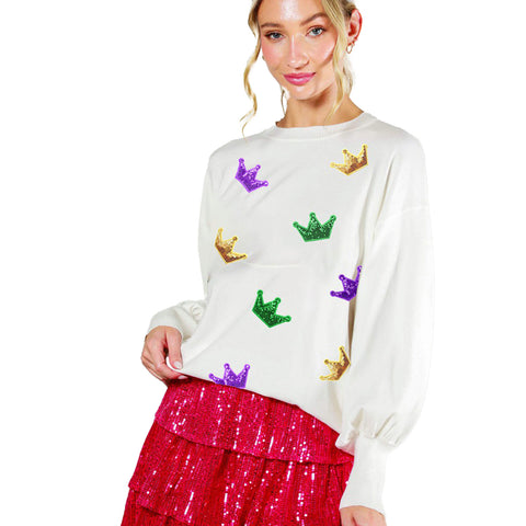 Off White Mardi Gras Sequin Crown Sweater (Each)