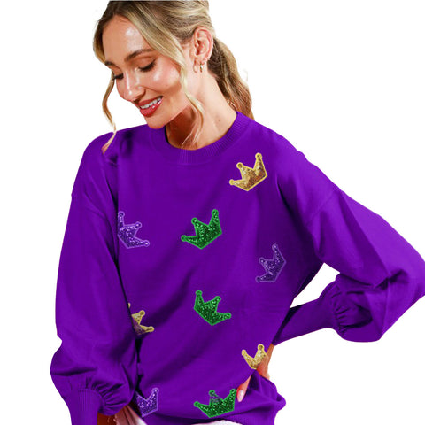 Purple Mardi Gras Sequin Crown Sweater (Each)