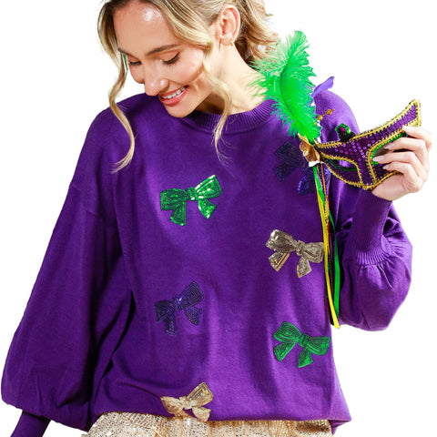 Purple Mardi Gras Sequin Bow Sweater (Each)