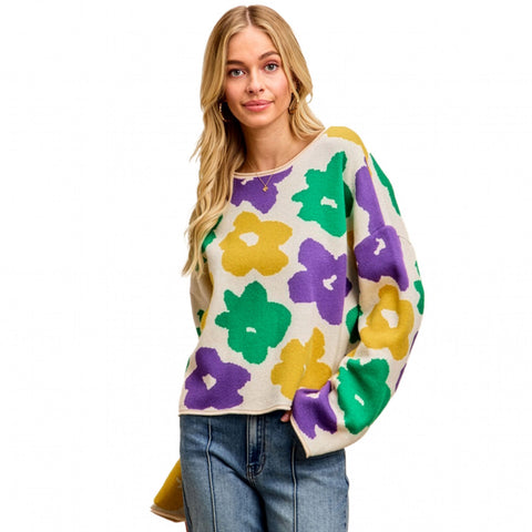 Ivory Mardi Gras Floral Pattern Sweater Top (Each)