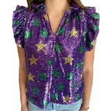Mardi Gras Sequin Star Flutter Sleeve Top (Each)