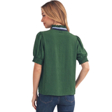 Hunter Green Ruffled Neckline Solid Crinkle Top (Each)